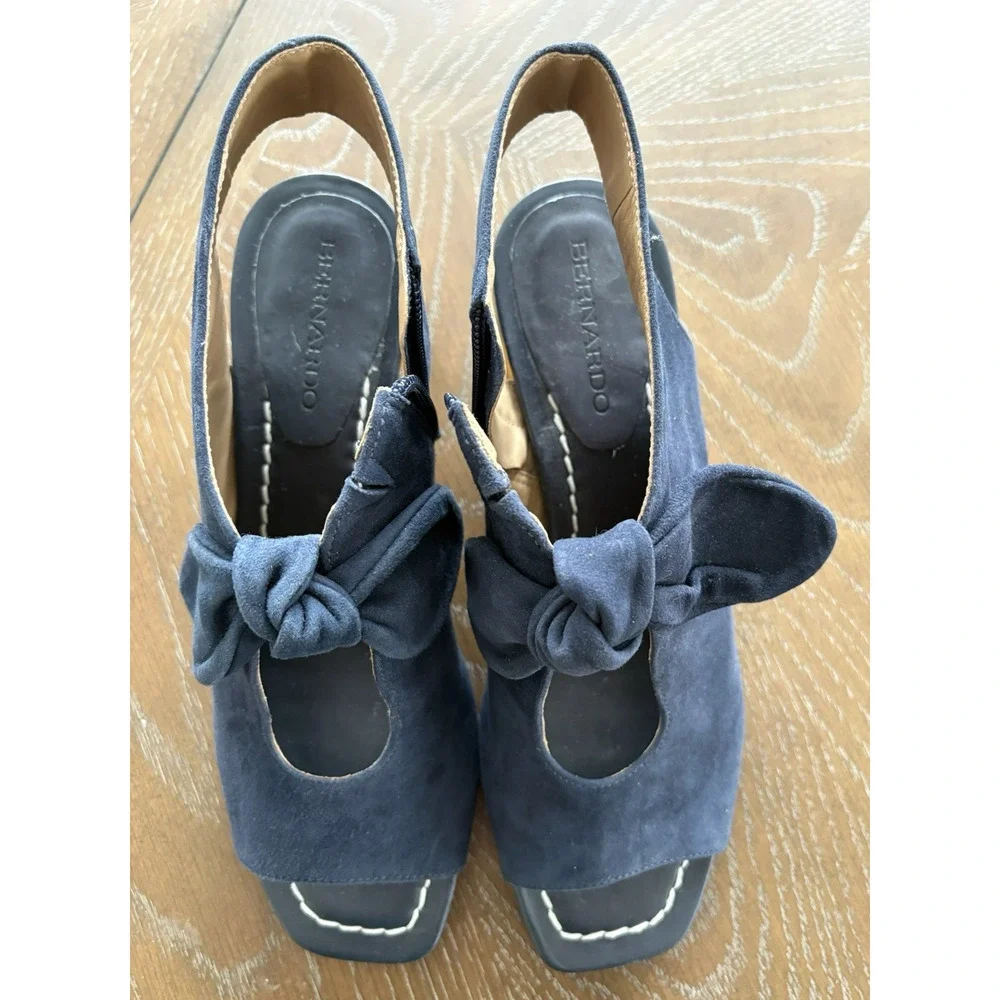 Bernardo Lizzie Navy Suede Booties Open Toe Block Wood Heel Designer Bow | 8.5 - Picture 8 of 9